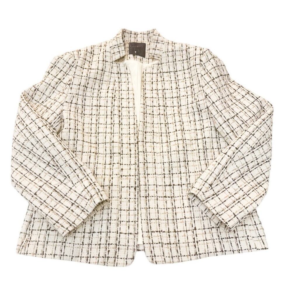Mina Self Composition Tweed Plaid Lined Cream Open Blazer XL
